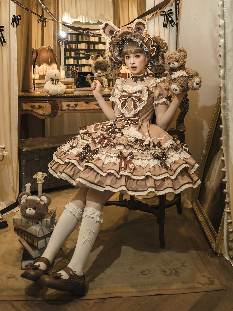 Eine Schleife Rüschen Lolita Sweet Bunny Thema Kleid braun Akzente Stück Prinzessin