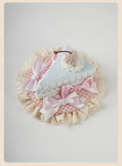 Sweet Lolita Blue&Pink Bow Ruffled Trim Triangular Cake Mini Hat