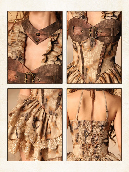 Burn-Effect Halter Dress with Tiered Ruffles and Distressed Lace - Virtual Orbit