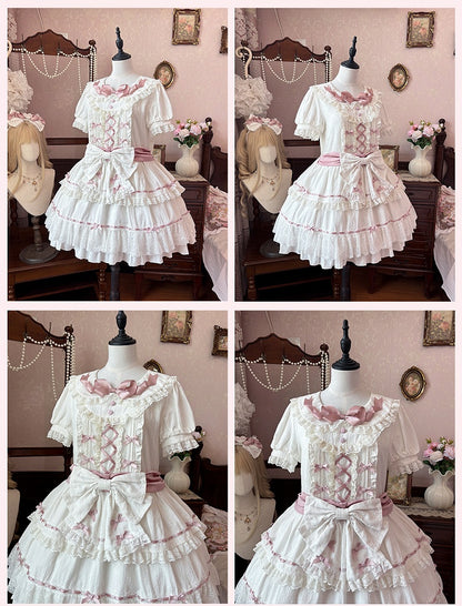 Hime Pink und Peter Pan Kragen Stufenrock Balletcore Lolita Kleid Weiß OP
