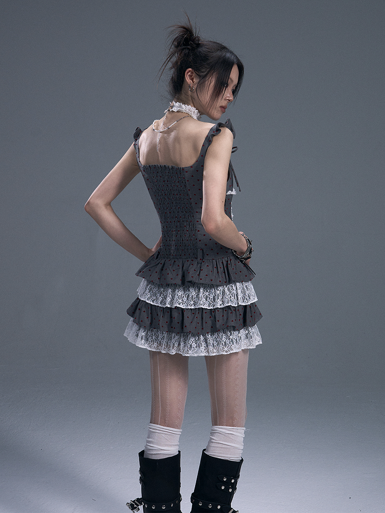 Pleated Slip Dress With Red Heart Polka Dots  Lace Accents Grey Tiered