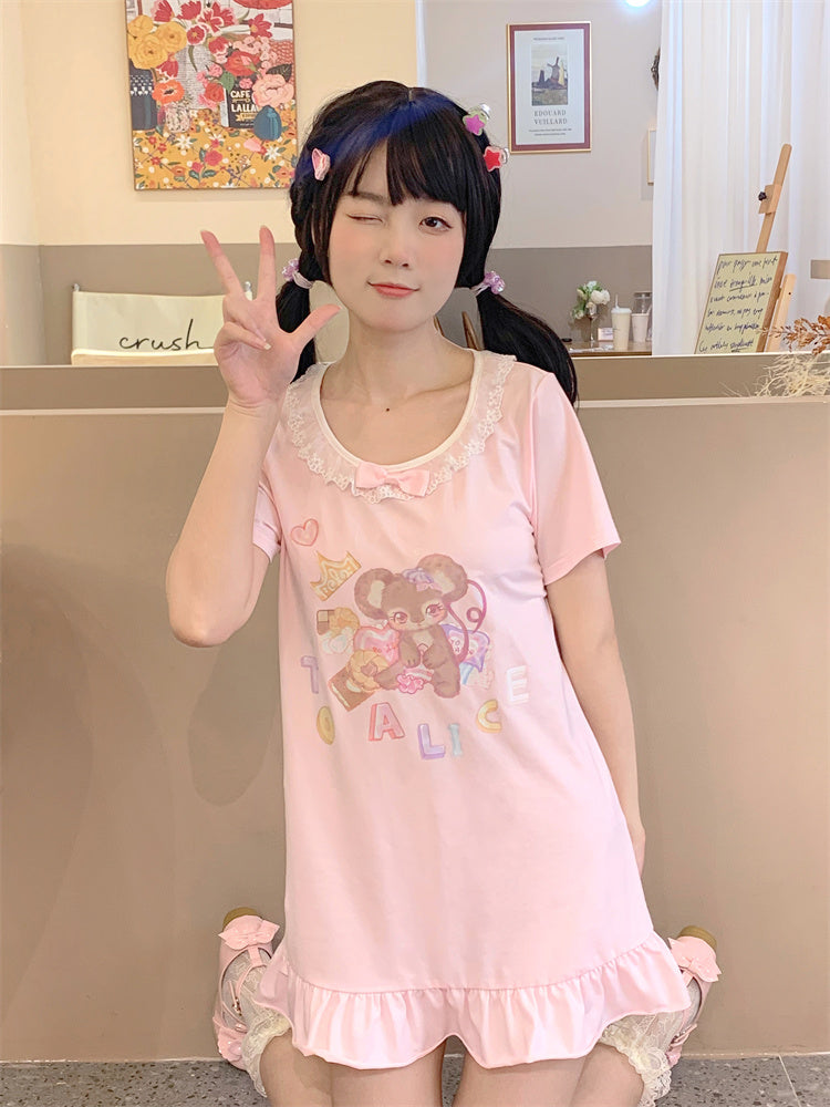 ホワイト/ピンクバージョントリム愛らしいレースロングプリントTシャツマウス