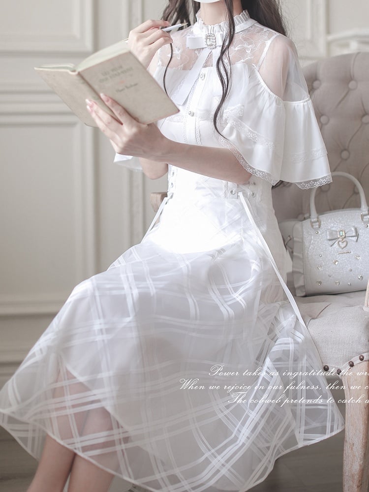 Lace-up High Waist Skirt with Plaid Clean Overlay Aesthetic White Innocent