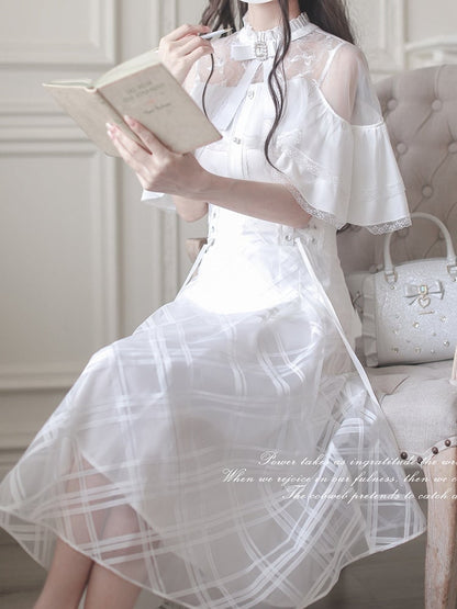 Lace-up High Waist Skirt with Plaid Clean Overlay Aesthetic White Innocent