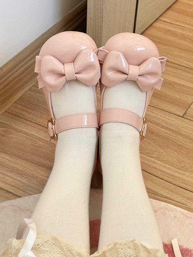 PU Pink Sweet Lolita Round-toe Mary Janes with Bow Details & Teddy Bear Snap Closure