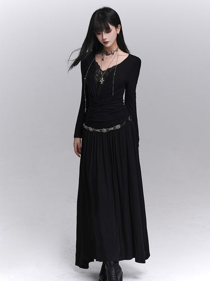 Ruched Detailing V-Neck with Lace Black Shoulders Maxi Gothic Dress Padded