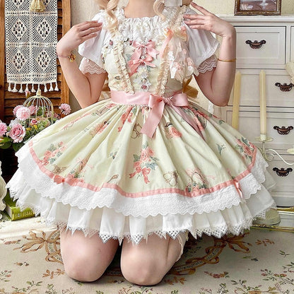 Kurzer Lolita-Print, Taille, Sommerrock, Kleid, hoher Rosettenpullover