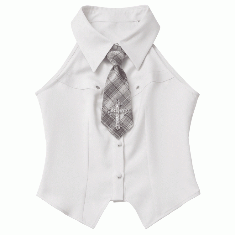 Decorated Hem Cross White/Beige Sleeveless with Curved Shirt Preppy Style Tie Plaid
