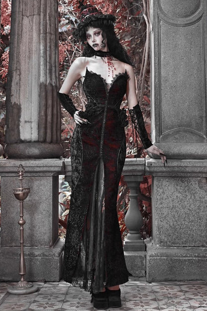 Black and Red Sleeveless High-Waisted Ruffle Lace Gothic Fishtail Dress