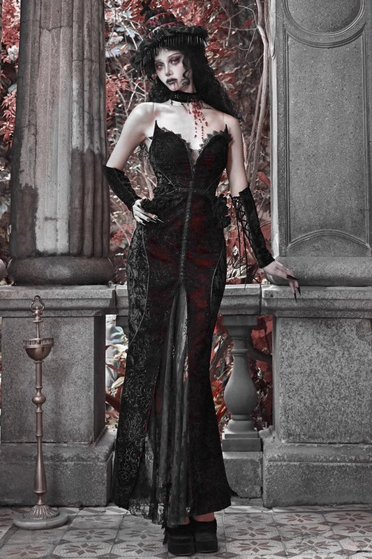 Black and Red Sleeveless High-Waisted Ruffle Lace Gothic Fishtail Dress