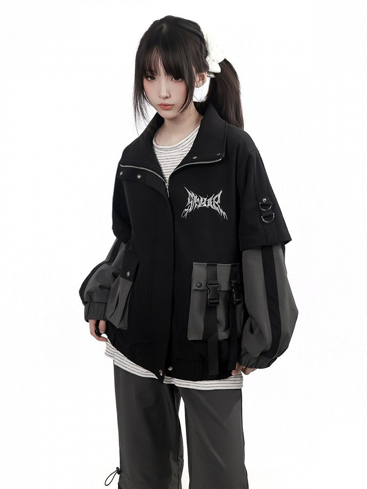Techwear Black & Gray Faux Two-Piece Stand Collar Jacket with Print & 3D Pockets - PINK SAVIOR