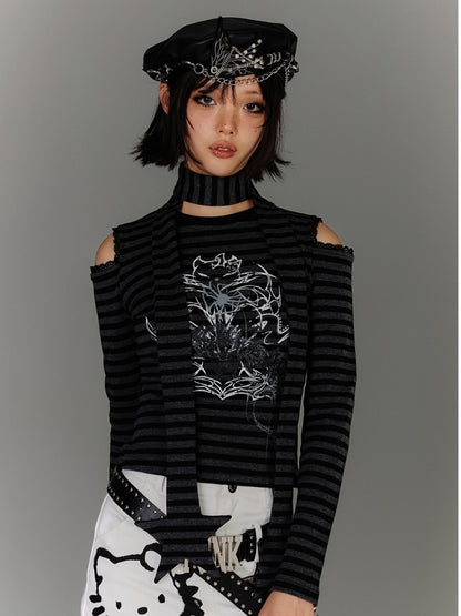 with Scarf Black  Gray Striped Cutout Shoulder Graphic Top Star Punk
