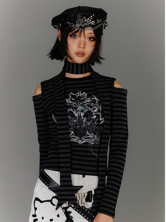 with Scarf Black  Gray Striped Cutout Shoulder Graphic Top Star Punk
