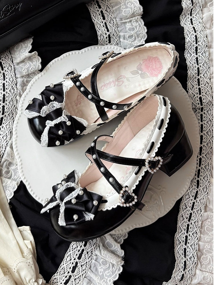 in Black Toe Mary Details Mid-heel PU Classic Shoes Lolita - Round Jane Beads