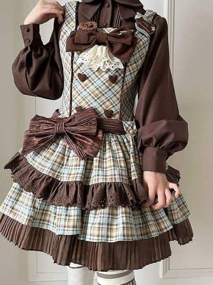Chocolate & Mint Green Bow Plaid JSK with Heart Brooch - Tan Tuan