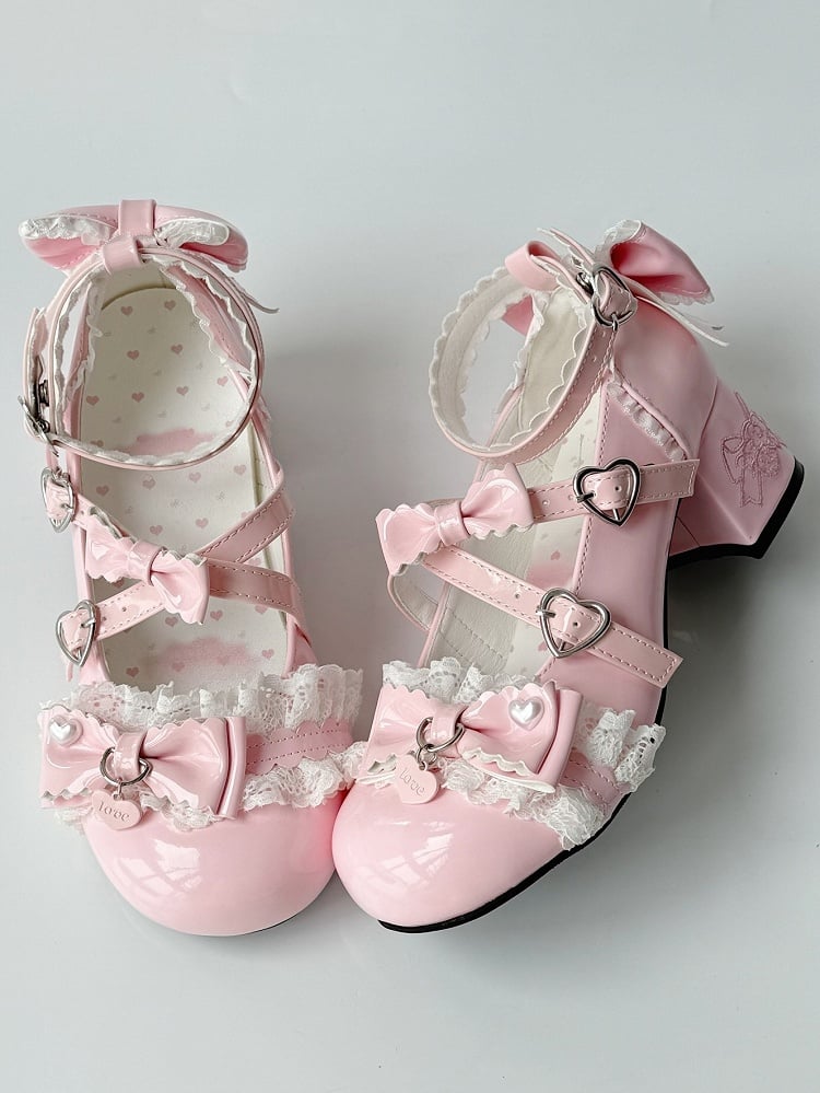 Mary PU Janes Mid-heel Bow Heart with Accents Design Pink - Sweet Lolita Snap