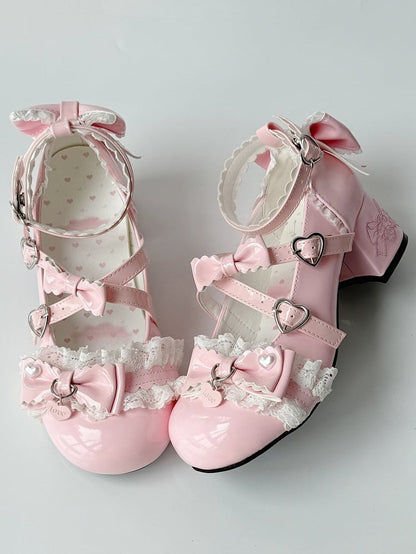 Mary PU Janes Mid-heel Bow Heart with Accents Design Pink - Sweet Lolita Snap