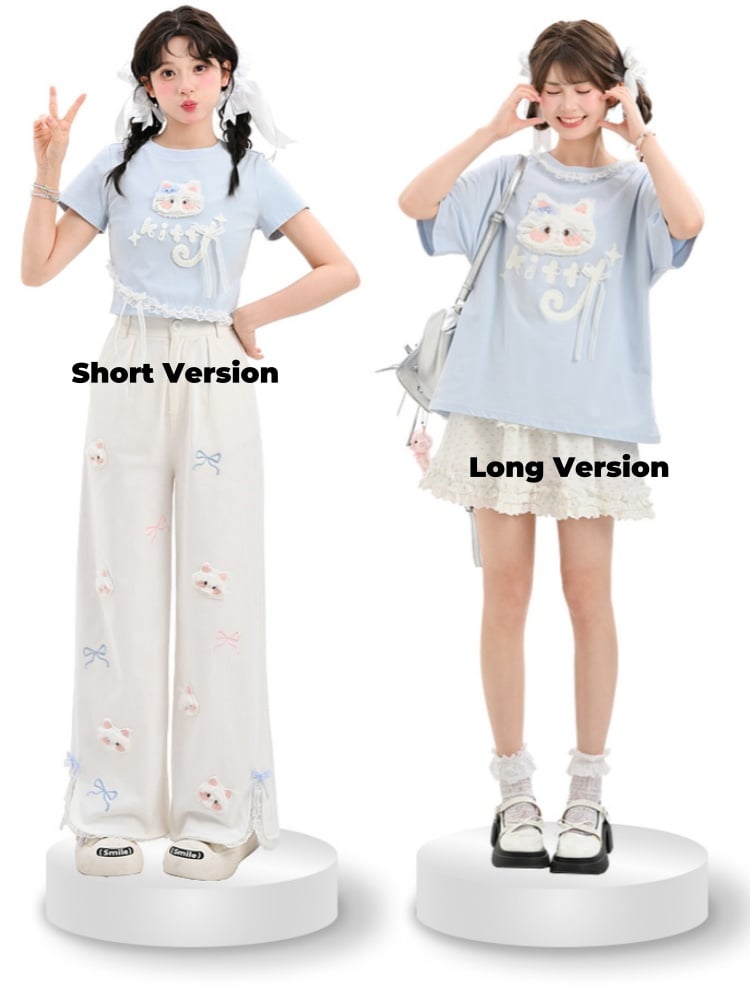 ロング/ショート ラウンドネック プラッシュバージョン ブルー Tシャツ 猫アップリケ