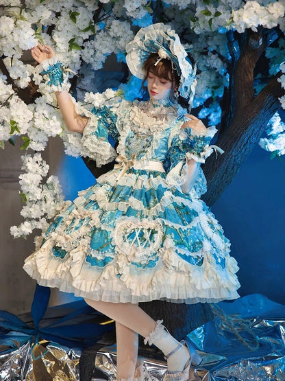 Floral Blue Edge with Hem Lolita Dress Print Scalloped Hime Lace
