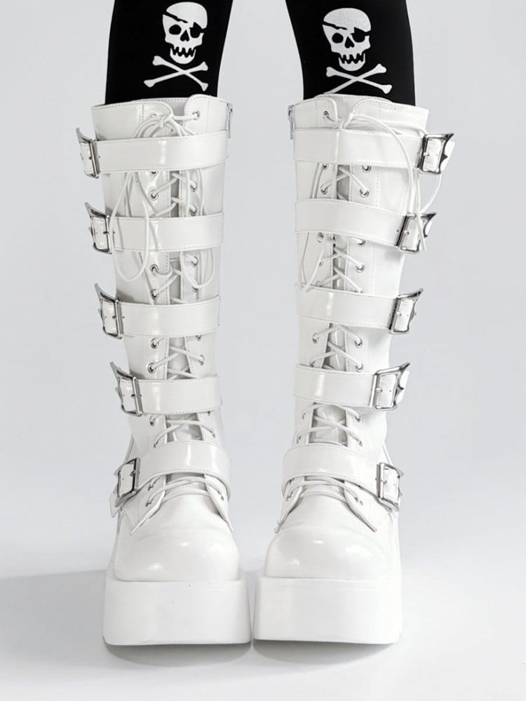 Bottes à plateforme blanches en PU style punk triple fermeture avec système à lacets, boucles et fermeture éclair à hauteur du genou
