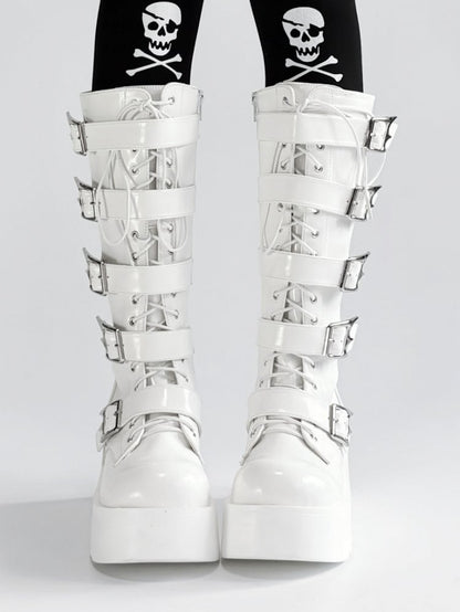 Bottes à plateforme blanches en PU style punk triple fermeture avec système à lacets, boucles et fermeture éclair à hauteur du genou