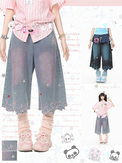 Daily Kawaii Light Blue Kitty & Star Embroidery Wide-Leg Cropped Jeans - Languid Park