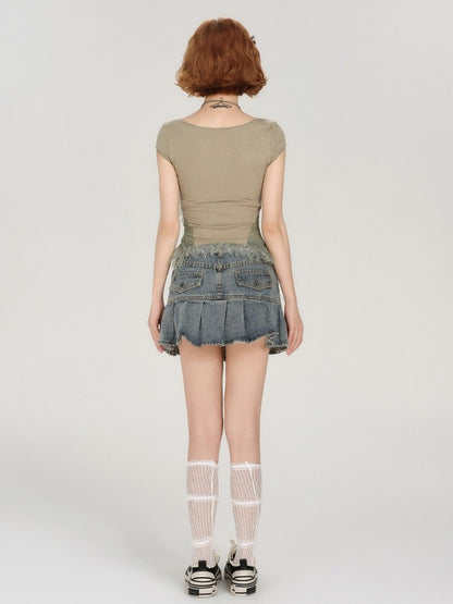 Green Lace Patchwork Short Sleeve Tee - Girlyhalo