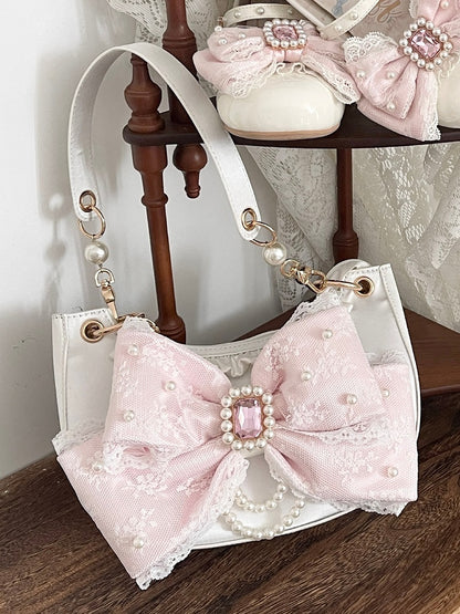 Bag Lolita in White Shoulder Sweet Rhinestone Satin Beads Embellished - Bow Lace