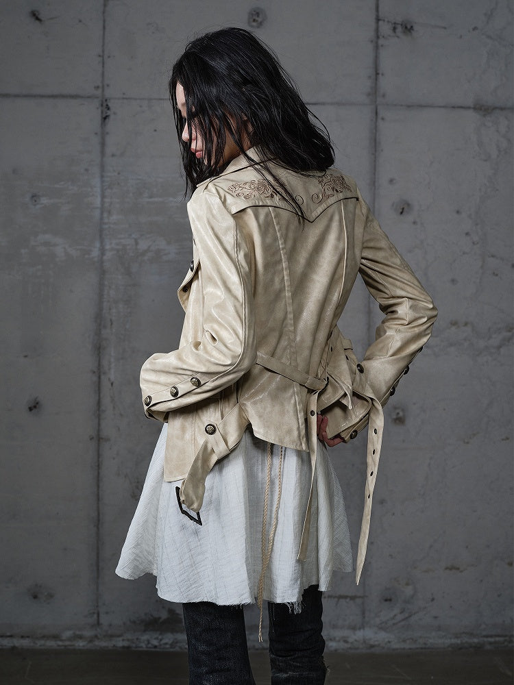 Gelbe Gürtelrose-Jacke mit Punk-Schnallenstickerei, kurz geschnitten, Khaki