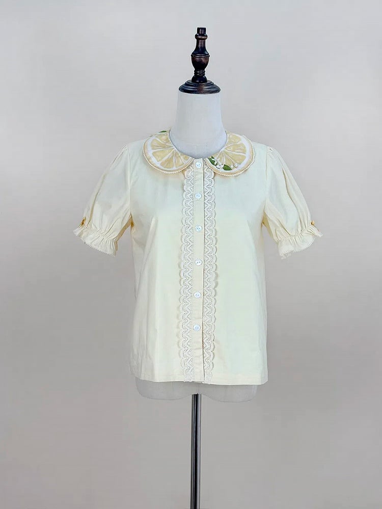 襟付きショート丈イエローレモンパンシャツ ピータープリントスリーブ