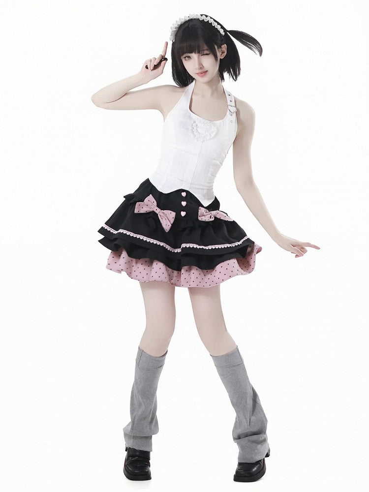 Tiered Skirt with Detachable Bows Black and Pink Polka-dot Pattern