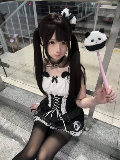 Bear and with White Lace-Up Details Dress Bowknot Black Ears