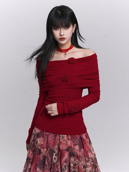 Top Long Floral with Christmas Sleeves Off-the-shoulder Neckline Red Design