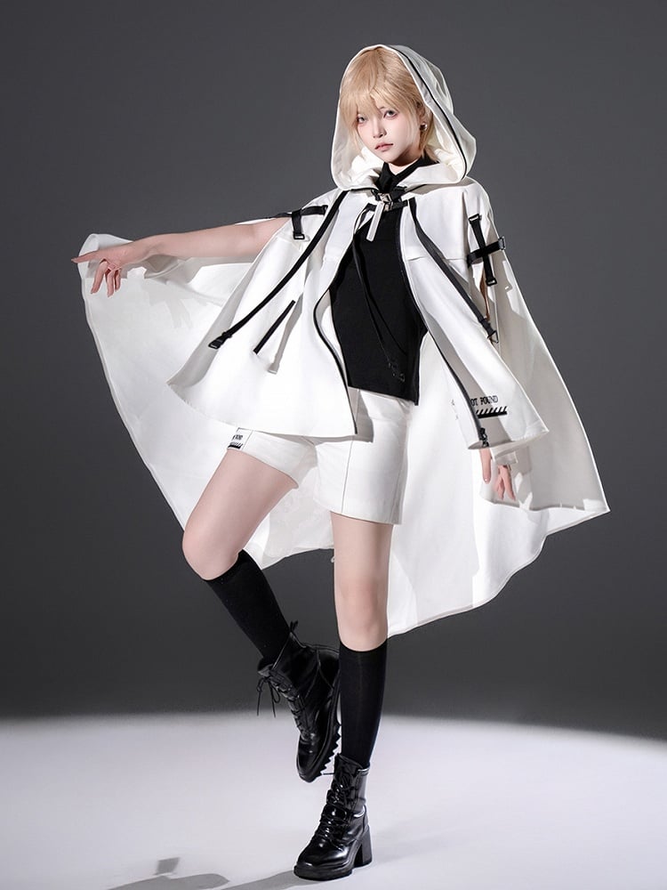 Straps Hem Ouji with High-low Hooded Cyberpunk and Lolita Buckle Cape White Futuristic