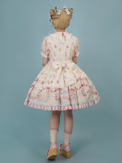 Lolita-Kätzchenkleid mit gewellter Öse und Ärmeln, Aufdruck, cremige süße Verzierungen