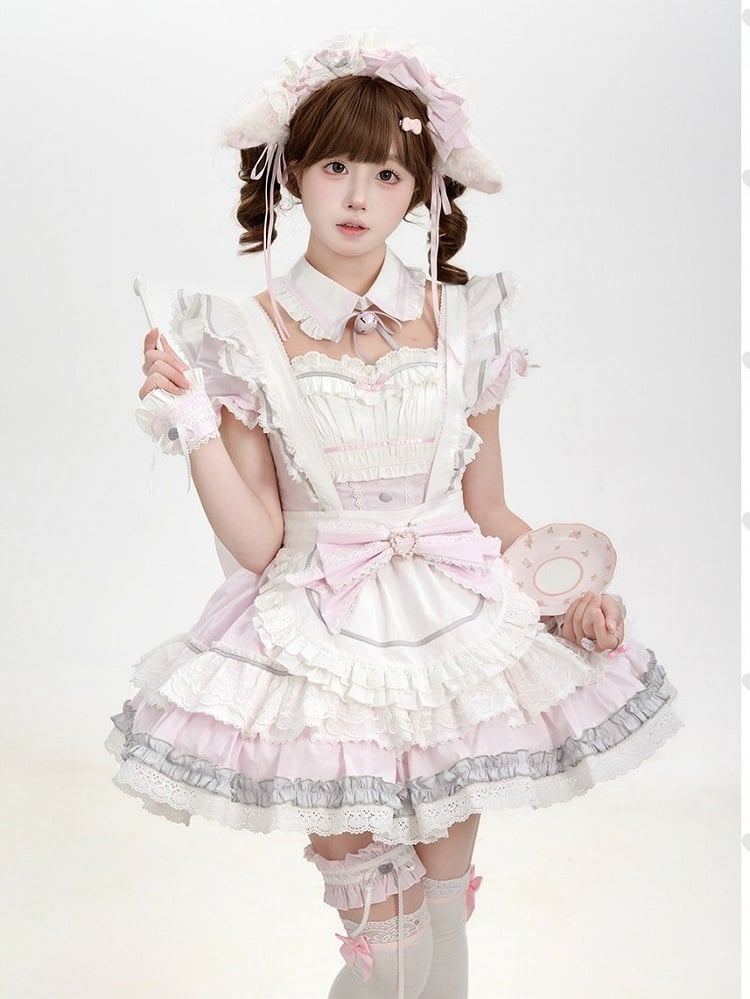 Maid Lolita Dress in Sweet Pink & White, Puff Sleeves, Flounced Skirt & Lace - Mewroco