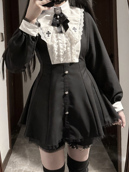 Bow Shorts Set - Cross Embroidered Pointed Flat Collar Dress + Three-piece Jirai Kei Black + Tie
