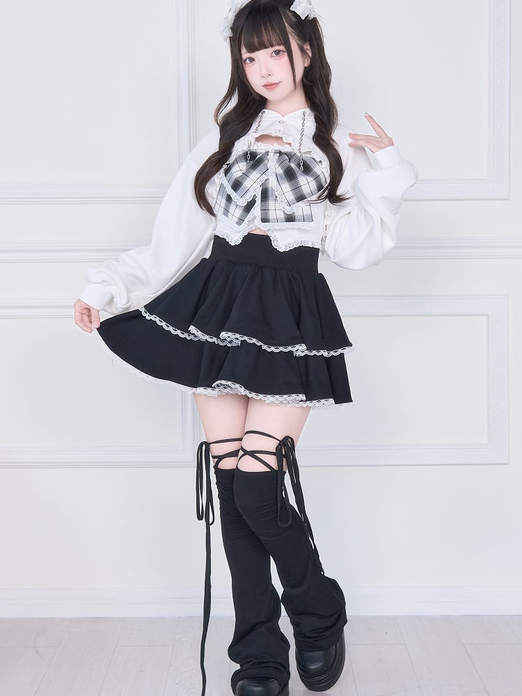 Bow White Tank Cropped Hoodie with Kei Open-Bust Two-Piece Set: Oversized Jirai Plaid