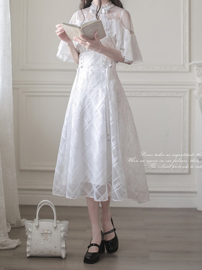 Lace-up High Waist Skirt with Plaid Clean Overlay Aesthetic White Innocent