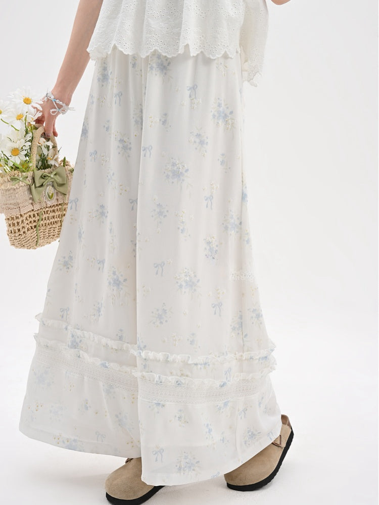 Blaue Blumenmuster-Version Weiße Chiffon-Taille Weite Beinhose Elastisch Normal/Kurz