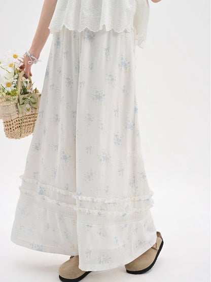Blaue Blumenmuster-Version Weiße Chiffon-Taille Weite Beinhose Elastisch Normal/Kurz