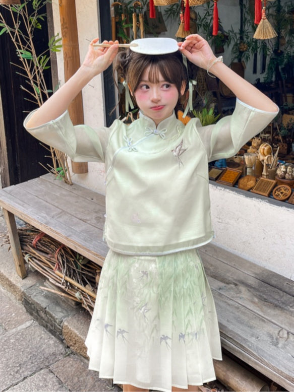 Green Willow and Swallow Print Cheongsam Light Style