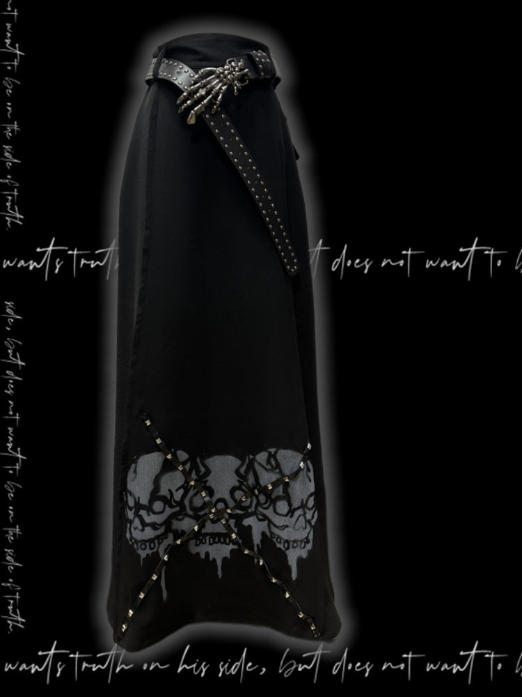 Waist Gothic Black High Skirt Skeleton Print Back Slit Studded