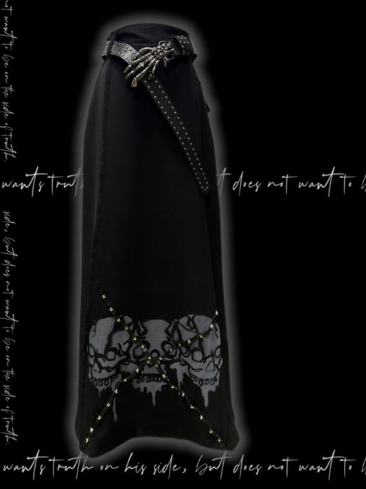 Waist Gothic Black High Skirt Skeleton Print Back Slit Studded