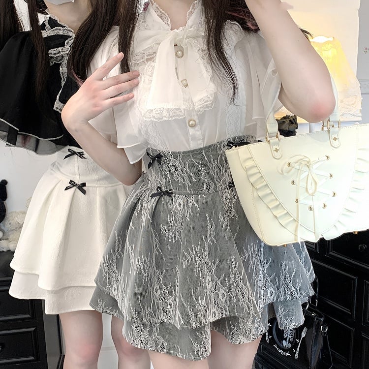 レースネックライン ジライ ブラック/ピンク/ホワイト ショールブラウス kei セルフタイ ボウトリム シフォン