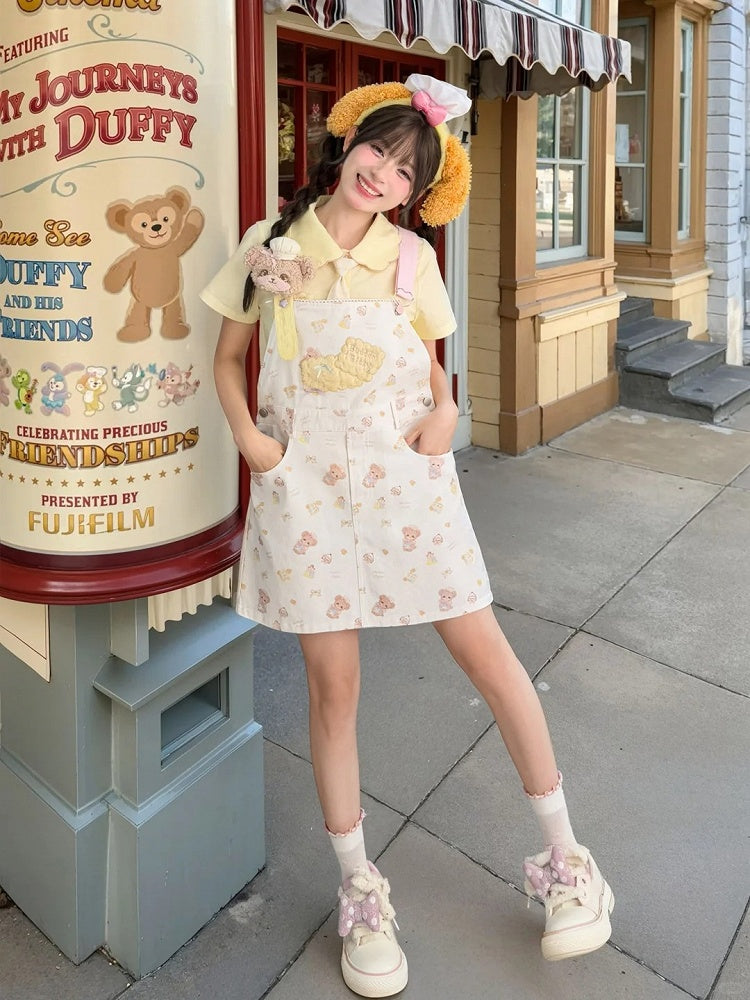 前立て刺繍のライトタイ、花びらの襟、ビスケットハートボタン、ブラウス（イエロー）