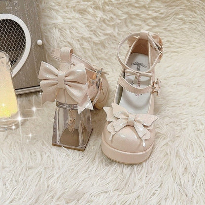 Shoes Jane Mary Heel Design Hime Beige Charm 8.5cm See-through Rhinestone with Heeled Lolita