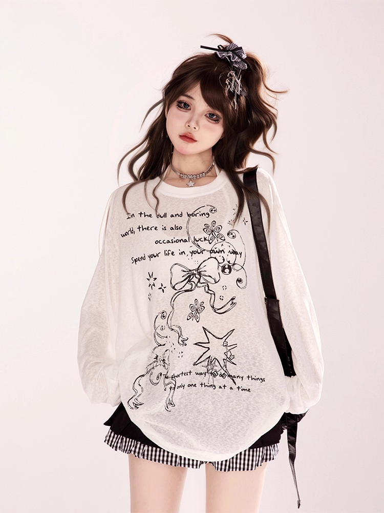 Semi-sheer Bowknot Graffiti Print Coverup Cutout Shoulder Black/White