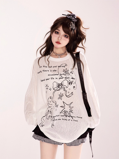 Semi-sheer Bowknot Graffiti Print Coverup Cutout Shoulder Black/White