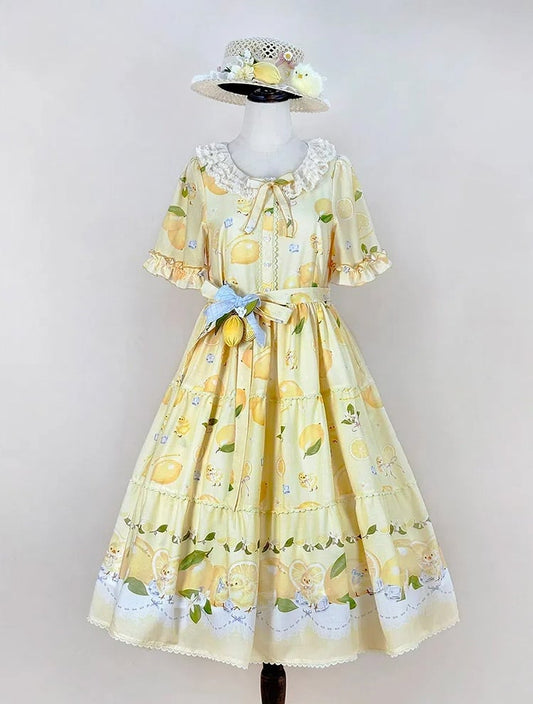 春とひよこドレス袖ショート夏プリントロリータレモンイエロー